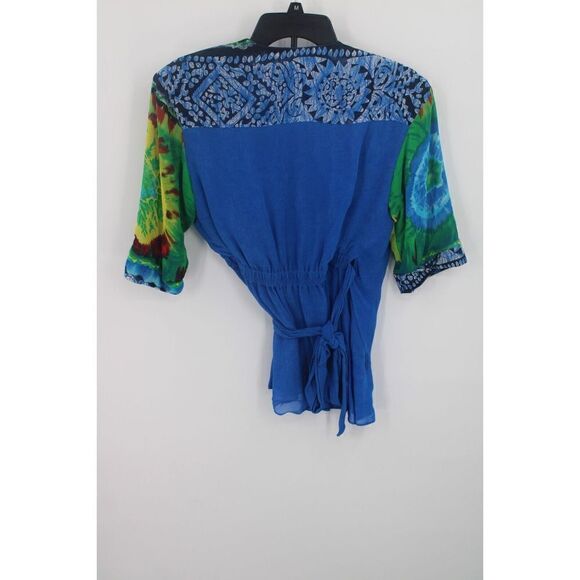 DOROTHY SCHOELEN PLATINUM BRIGHT BOLD WRAP BLOUSE SIZE P RAYON DRY CLEAN SS - Picture 5 of 8